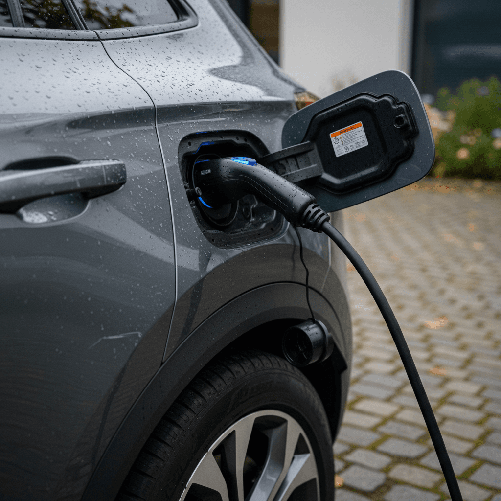 Family plugging in a plug-in hybrid SUV in a suburban driveway