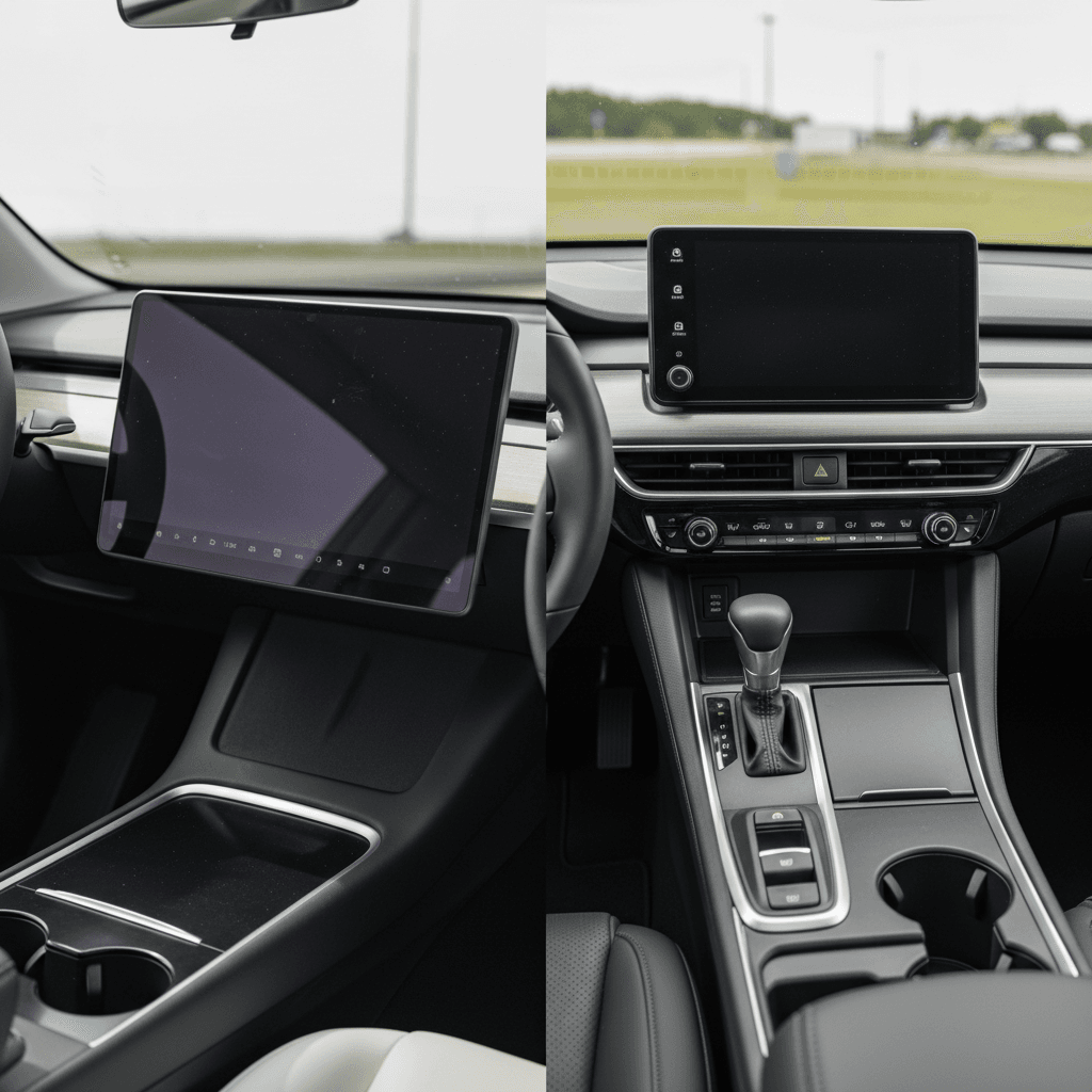 Side‑by‑side view of Tesla Model Y’s minimalist interior next to Honda Prologue’s more traditional dashboard with physical controls