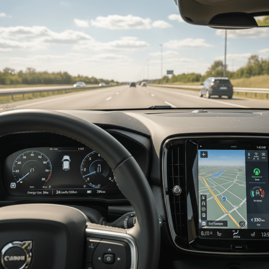 Digital cockpit view from a Volvo C40 Recharge showing Google Maps navigation and energy use on a long highway drive