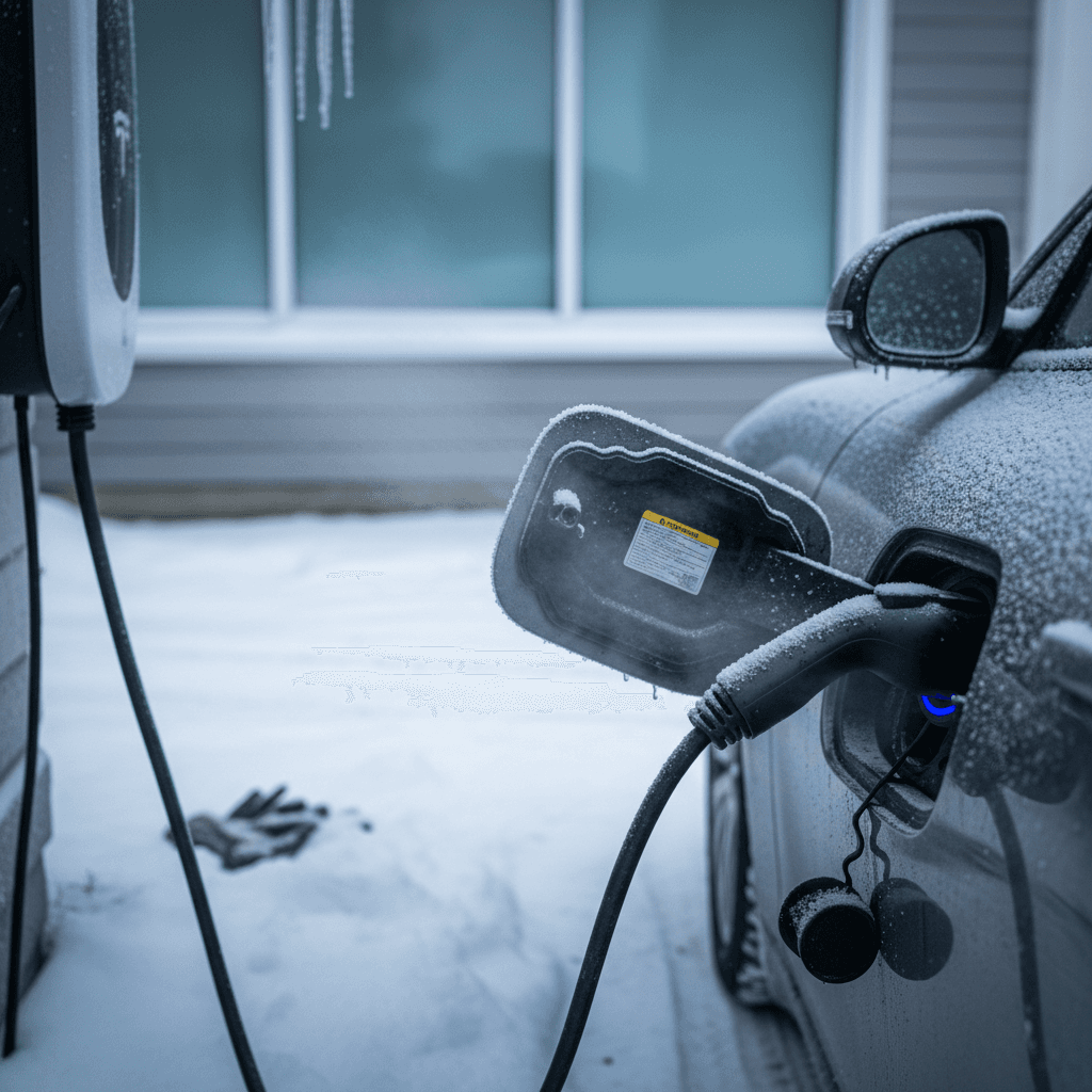 Electric vehicle plugged into a charger while parked in snow, illustrating winter EV preconditioning