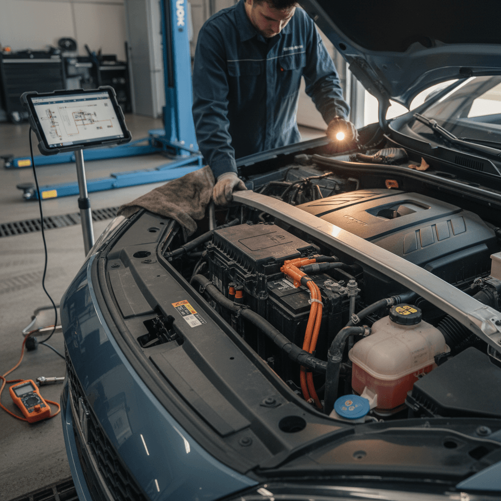 Row of used electric vehicles parked at a dealership, some plugged into charging stations