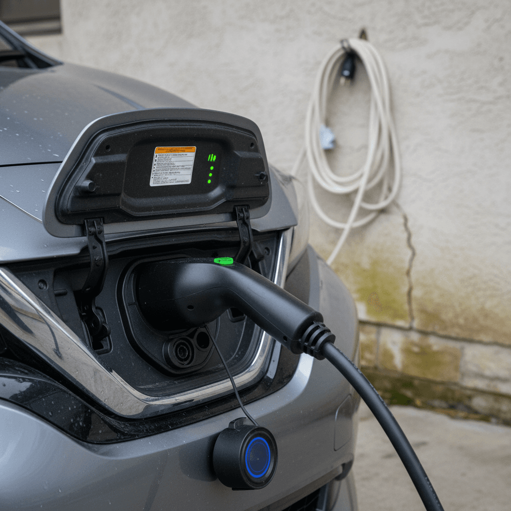 2021 Nissan Leaf charging on a home Level 2 wallbox, showing charging lights on the dashboard and charge port