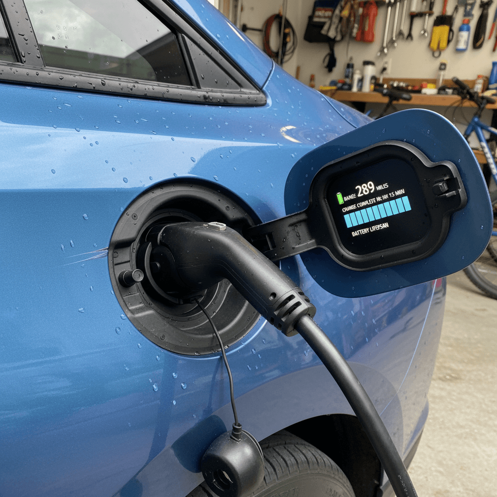 Close-up of a Chevrolet Equinox EV charging port and dashboard battery gauge while plugged in