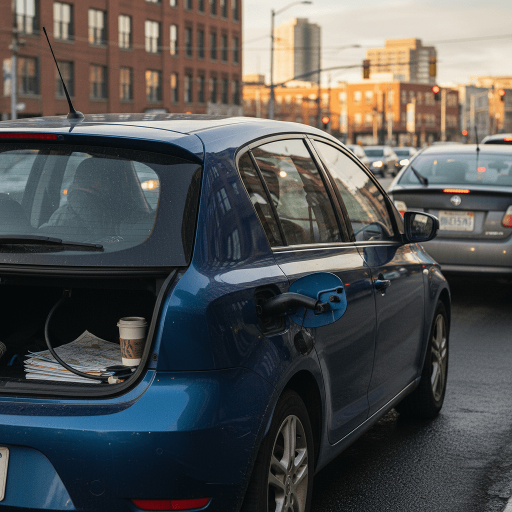 Compact commuter car driving through morning city traffic
