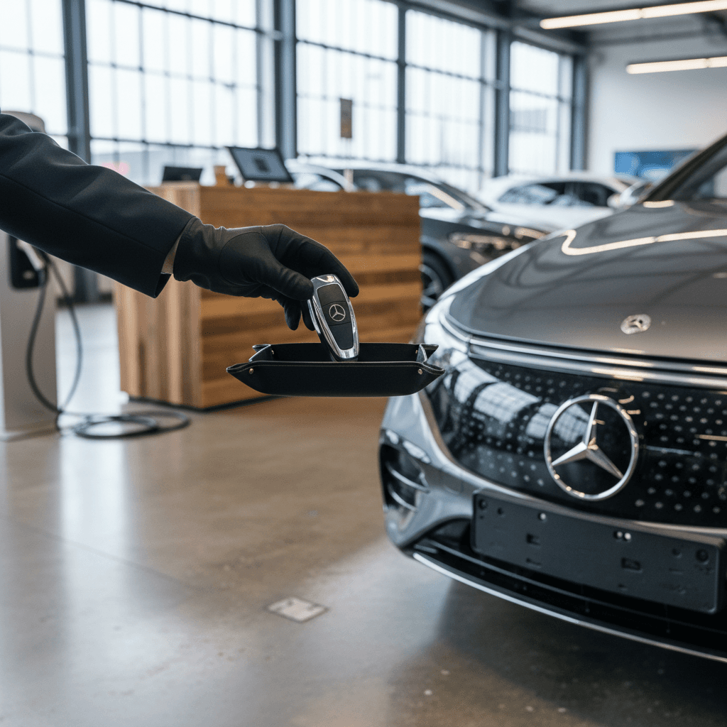 Seller and buyer reviewing a battery health report next to a used Mercedes EQS at an EV-focused showroom