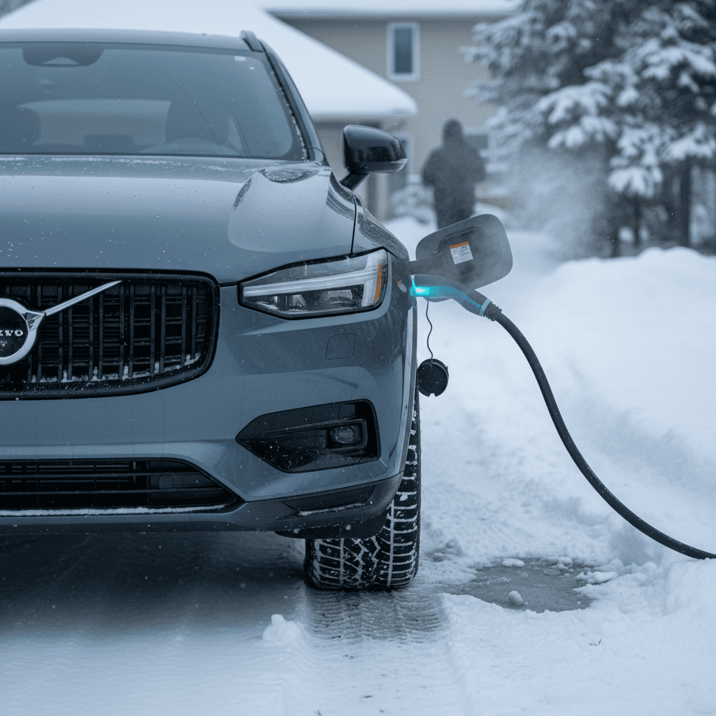 Volvo EX90 charging at a home driveway in light snow with cable connected