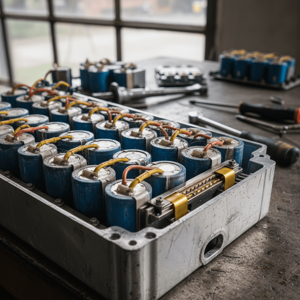 EV lithium-ion battery modules on an assembly line inside a modern factory