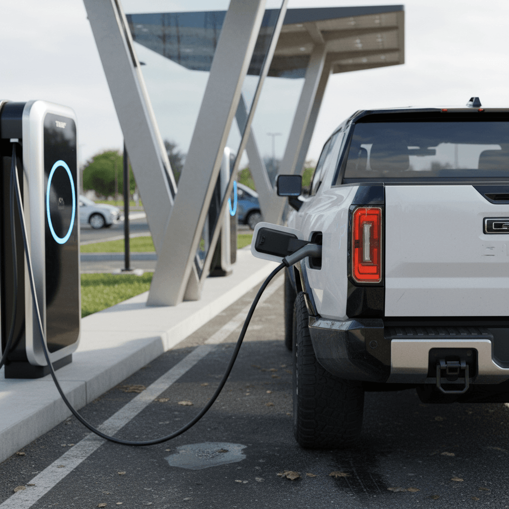 2022 GMC Hummer EV Edition 1 pickup charging at a high-power DC fast charging station during a road trip