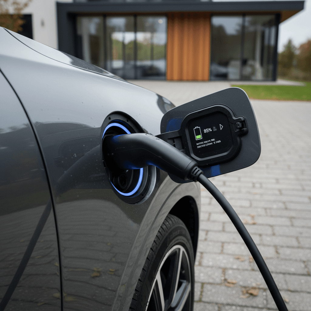 Volvo EX90 charging at home with battery status visible on the central display