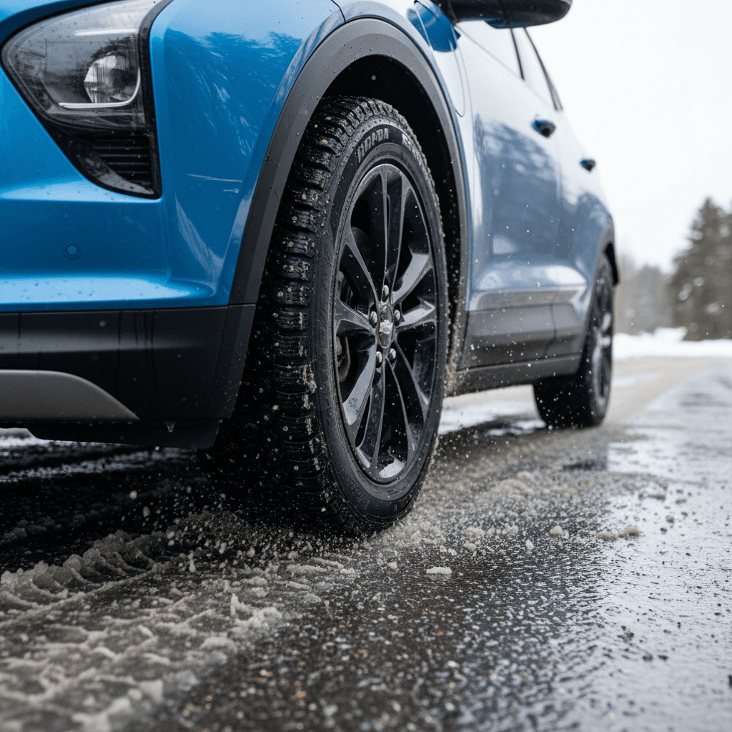 Close-up of a Chevy Bolt EUV front wheel fitted with winter tires, parked on a slushy city street.