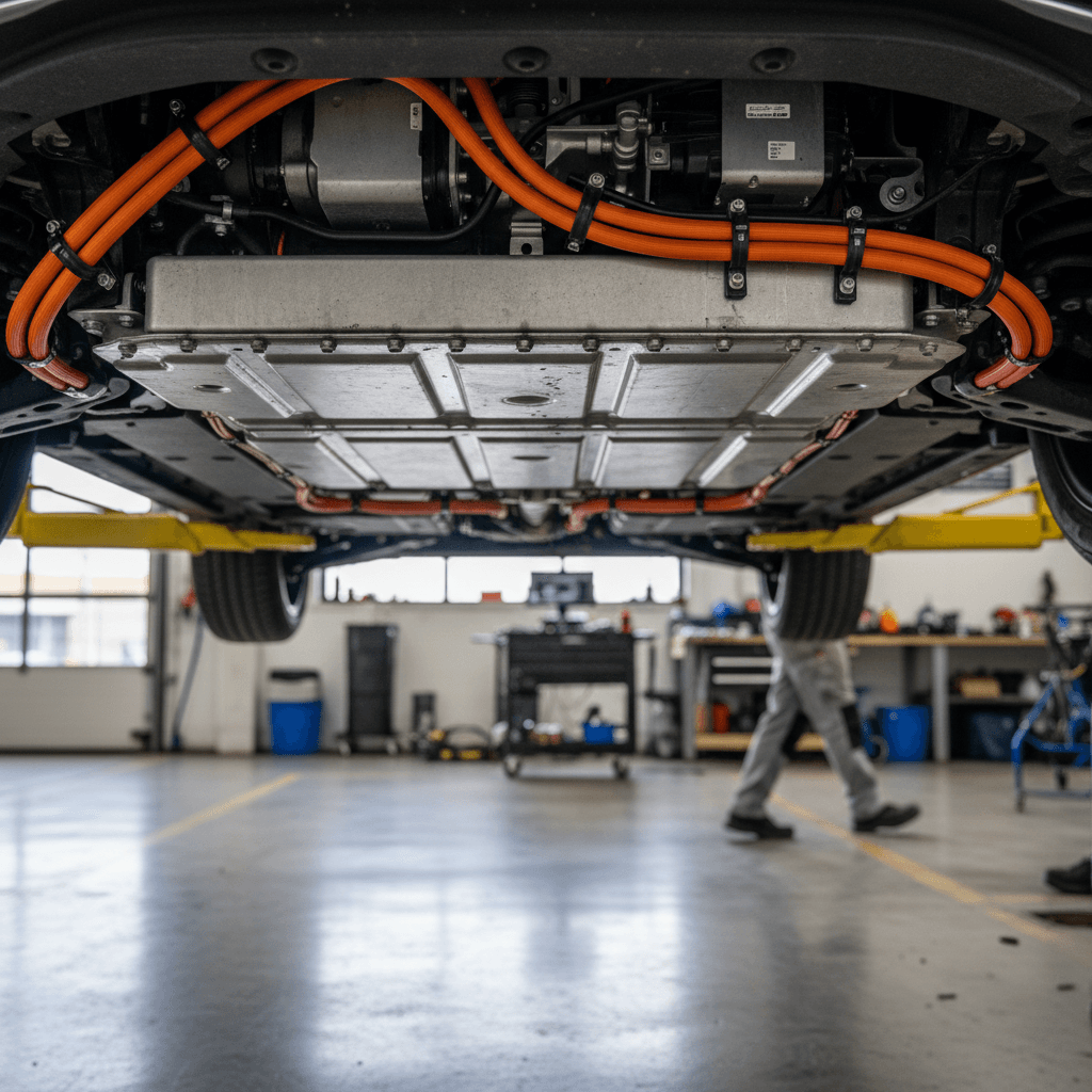 Genesis GV60 on a lift with technicians inspecting the underbody high-voltage battery pack and cabling