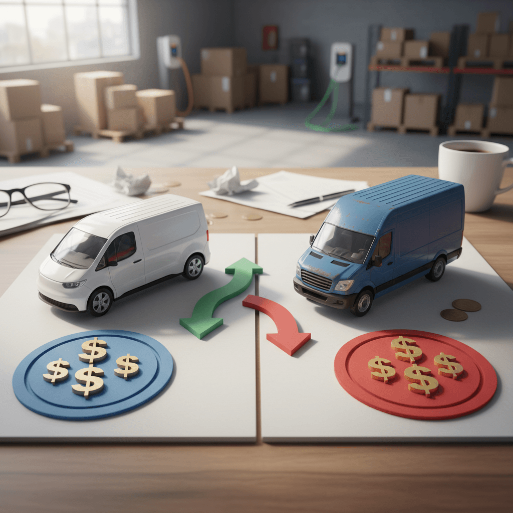 Side-by-side illustration of an electric delivery van and a gas delivery van with cost comparison icons for fuel, maintenance, and purchase price.
