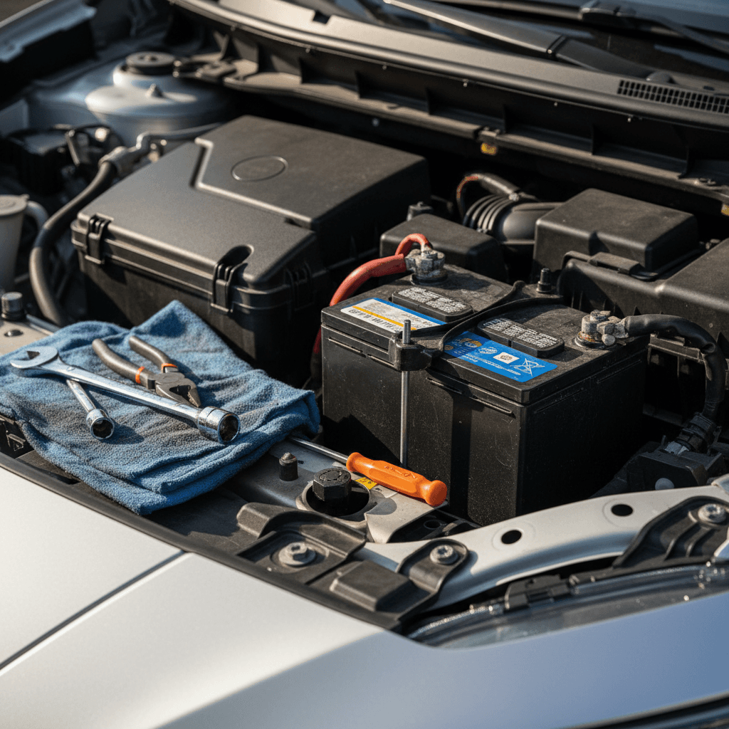 Nissan Leaf 12V battery exposed under hood with tools ready for replacement