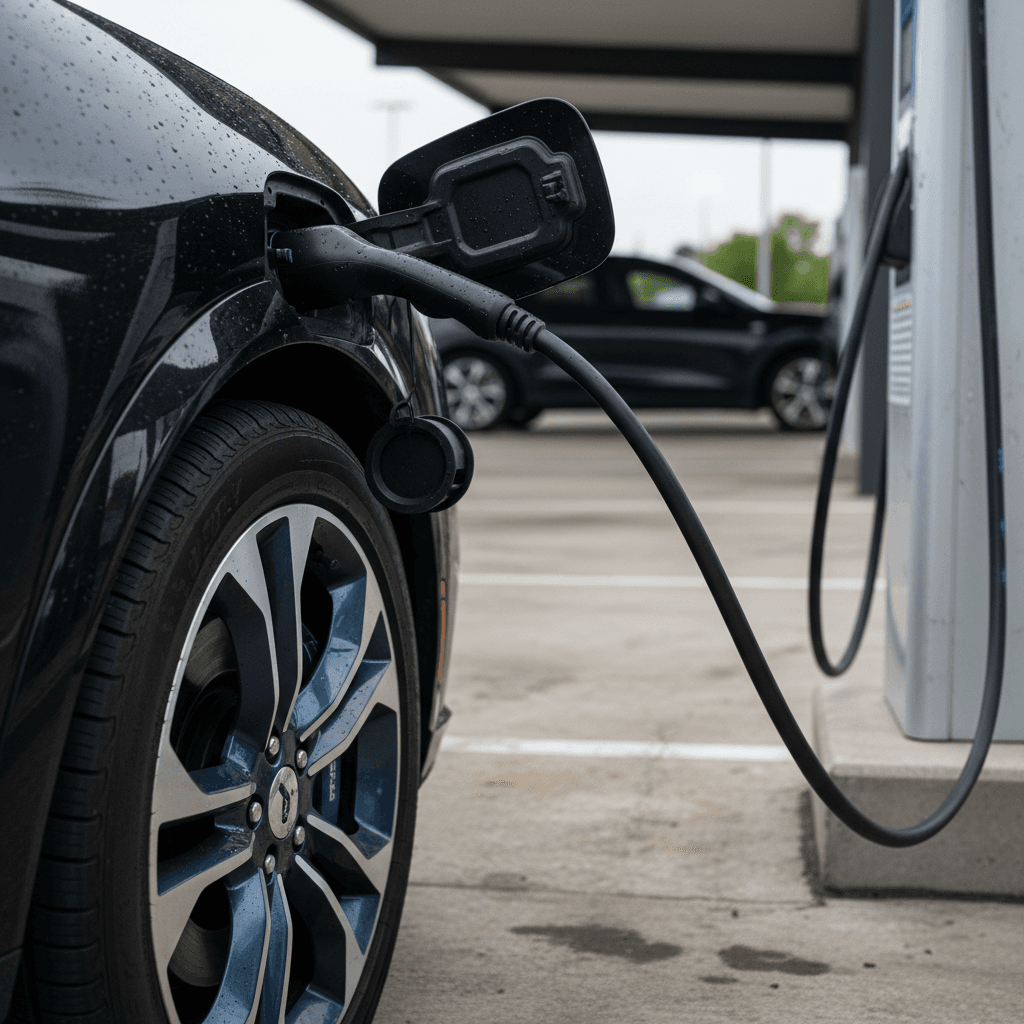 Ford Mustang Mach-E charging at a public DC fast station, close-up of charge port and wheel