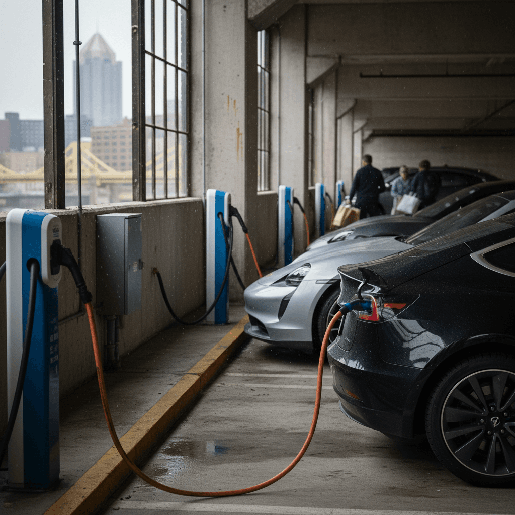 Several EVs charging at Level 2 and DC fast chargers in a Pittsburgh parking garage