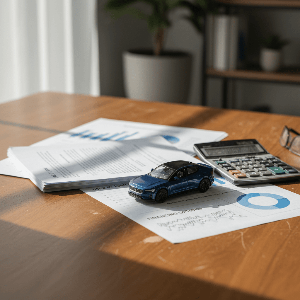 Auto loan documents and calculator on a desk next to a small model EV, illustrating used Polestar 2 financing decisions.