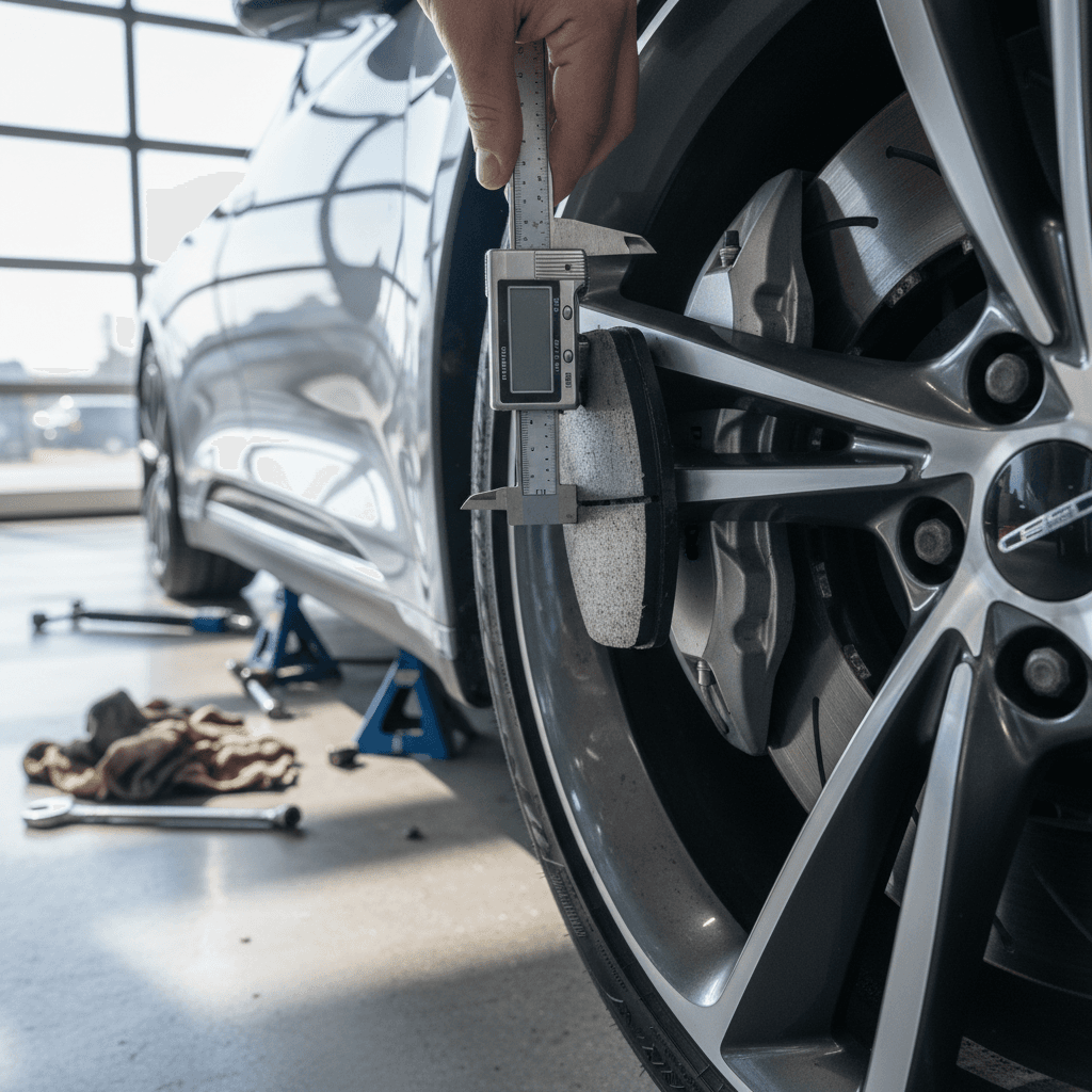 Mechanic inspecting brake pads and rotor through the wheel of a Lucid Air in a service bay