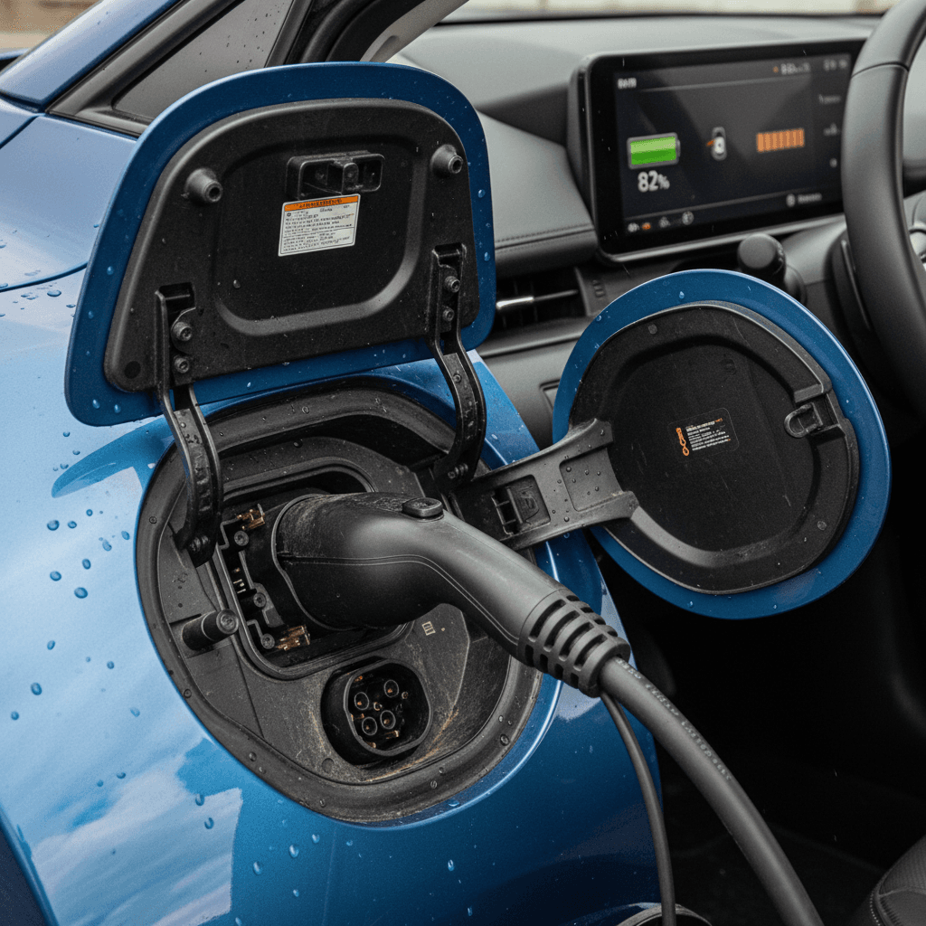 Close-up of Nissan Ariya charging port and dashboard battery gauge while plugged in