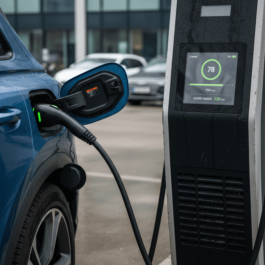 Audi Q4 e-tron plugged into a DC fast charger with the state of charge shown on the station display