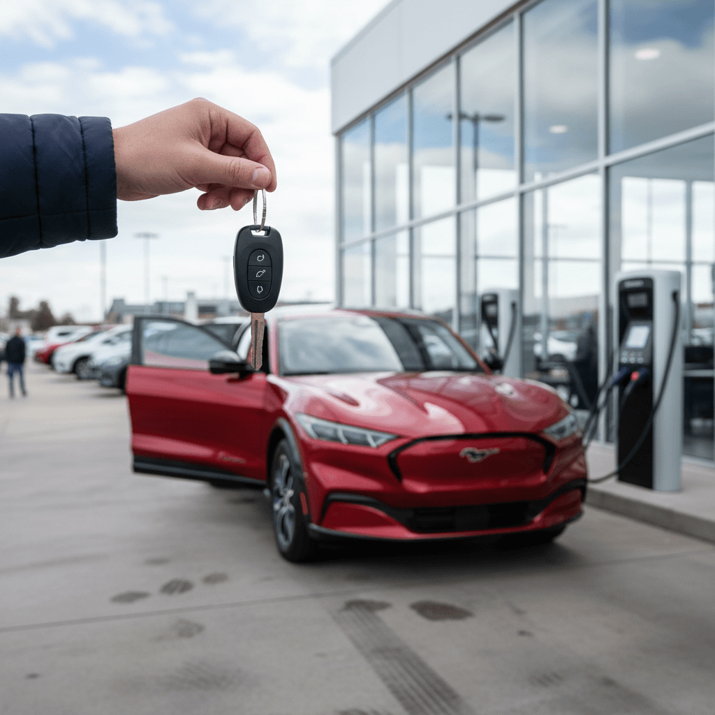 Customer reviewing a battery health report while selling a Ford Mustang Mach‑E at an EV specialist dealership