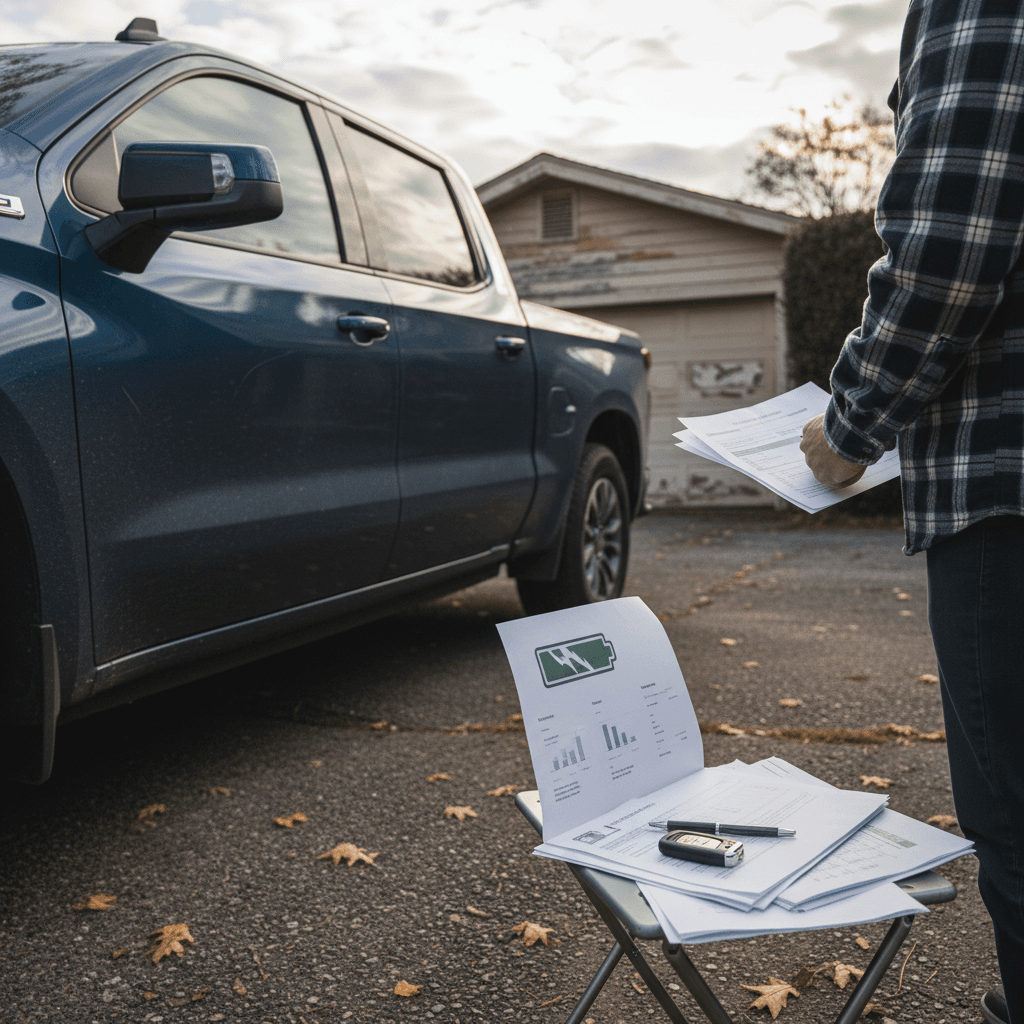 Owner reviewing a Silverado EV battery health report and documentation before listing the truck for sale