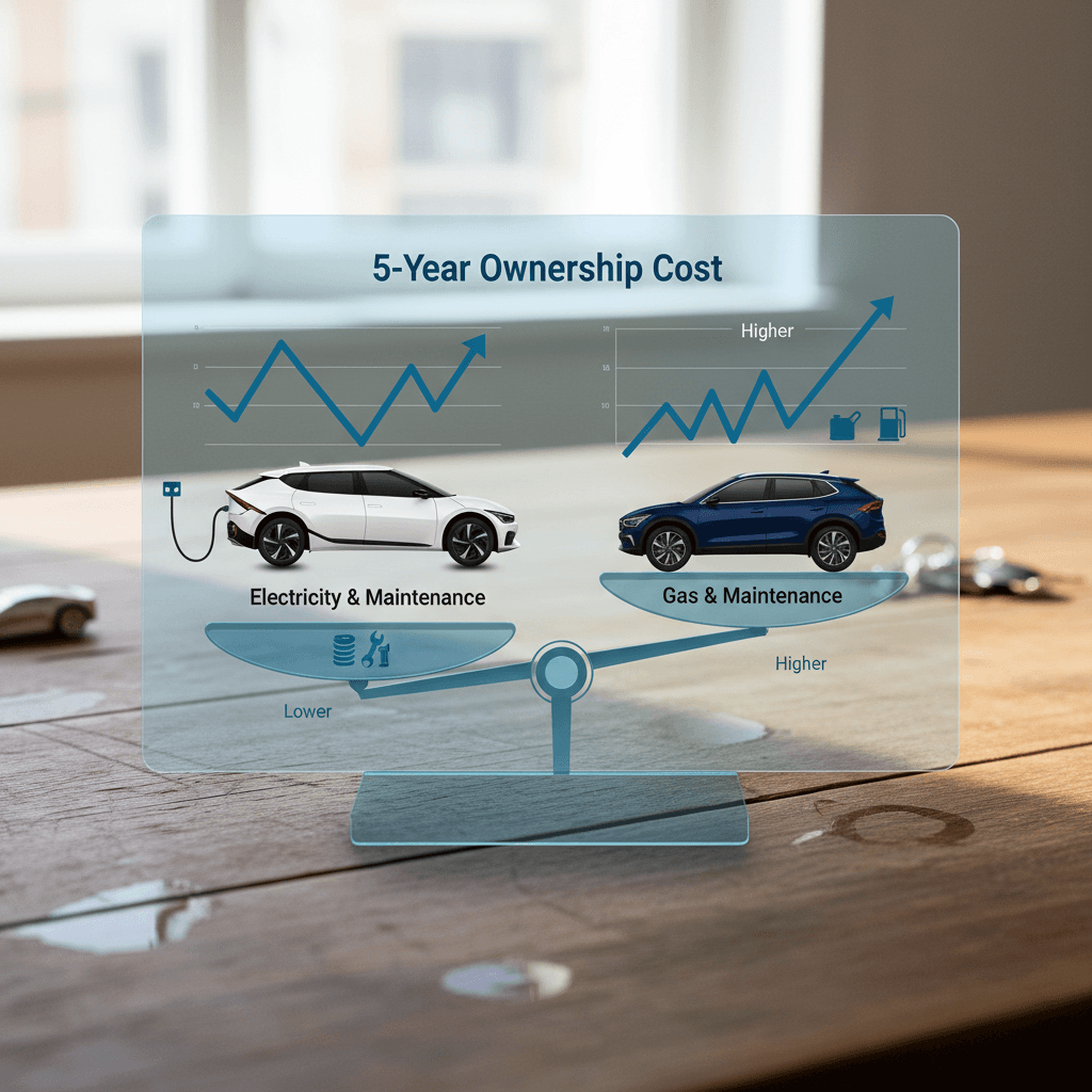 Infographic comparing 5‑year ownership costs for a Kia EV6 and a similar gas SUV, broken down by depreciation, energy, maintenance and insurance