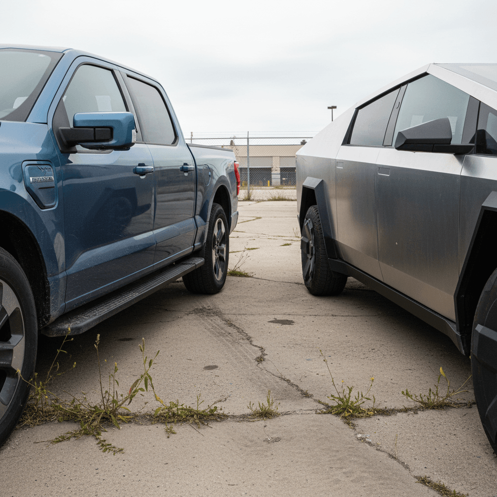 Ford F-150 Lightning and Tesla Cybertruck parked together showing contrasting designs in a public lot