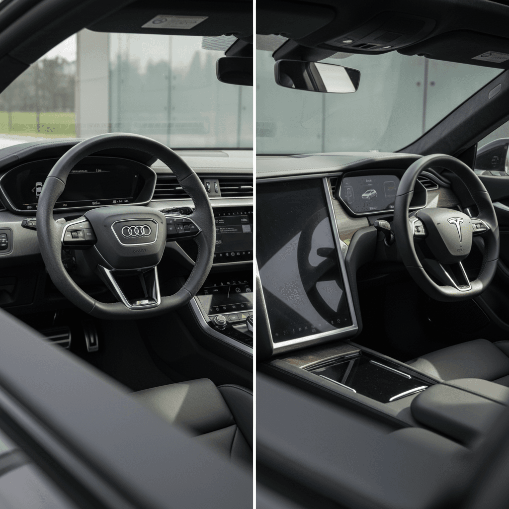Side-by-side interiors of the Audi e-tron GT and Tesla Model S showing contrasting cockpit designs
