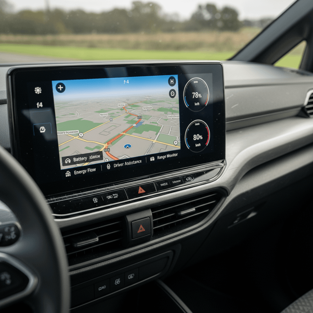 Volkswagen ID. Buzz infotainment screen with navigation and vehicle settings open