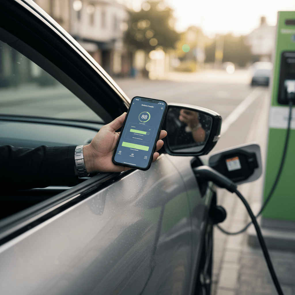 Driver sitting in a Kia EV6 with a phone app open showing detailed battery state of health data