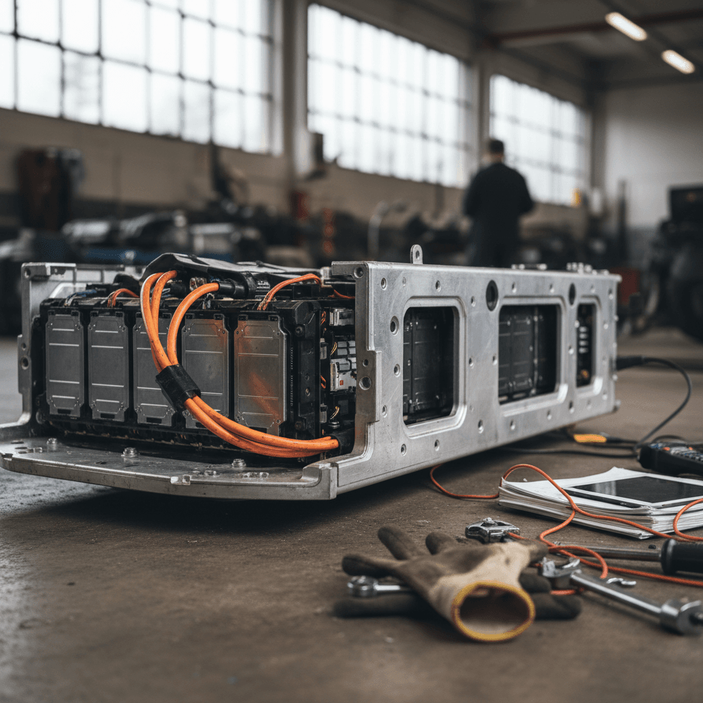 Closeup of an EV battery pack mounted under an electric vehicle
