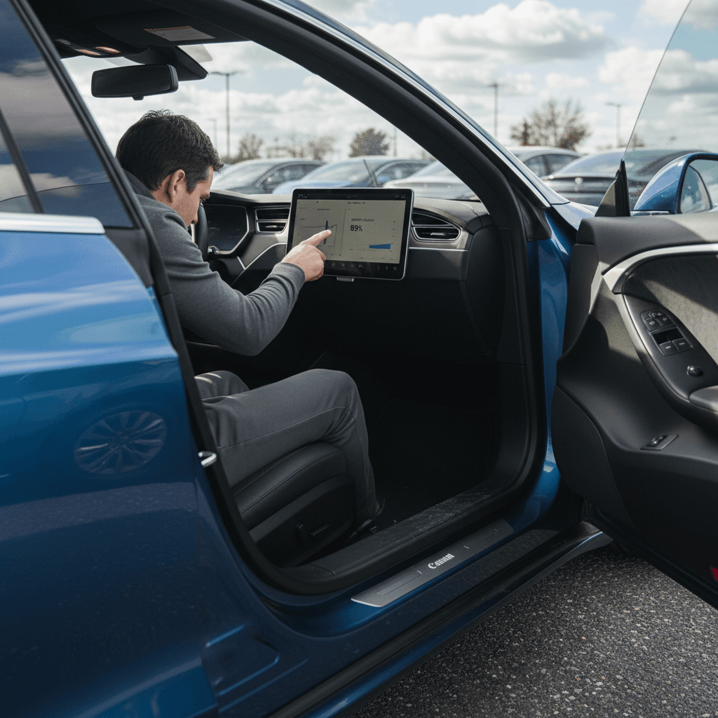 Buyer inspecting a used Tesla Model S, focusing on the touchscreen and wheels before purchase