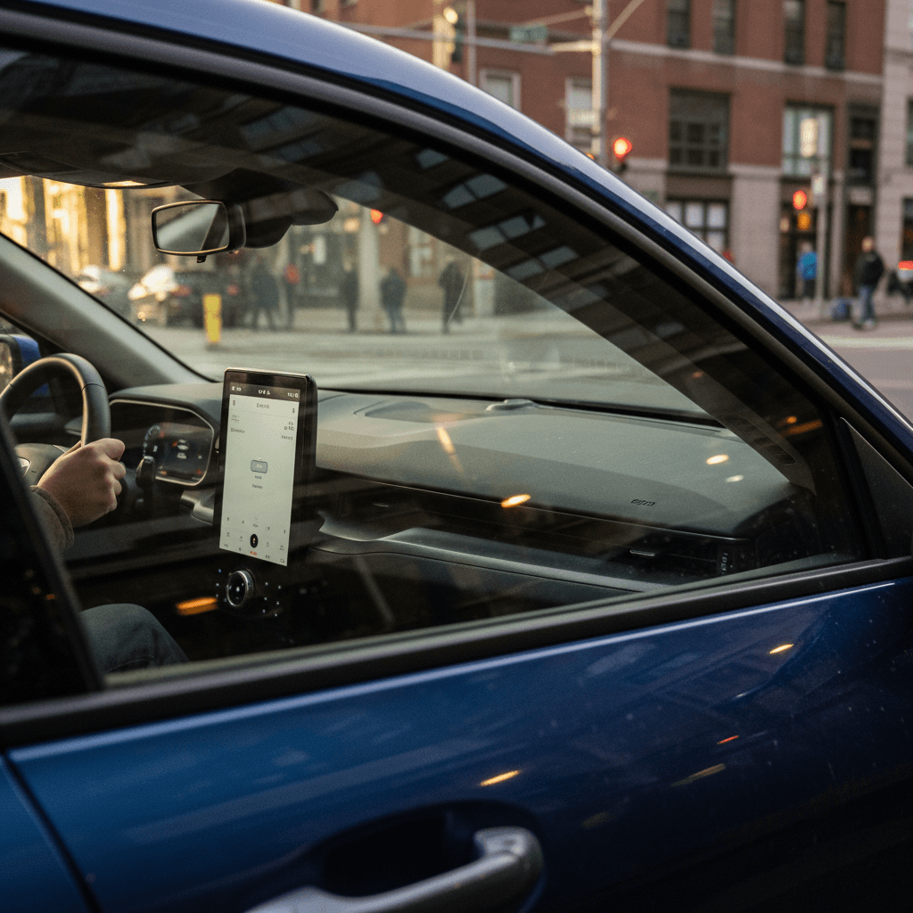 2024 Ford Mustang Mach-E driving through a city at dusk showcasing its electric SUV profile