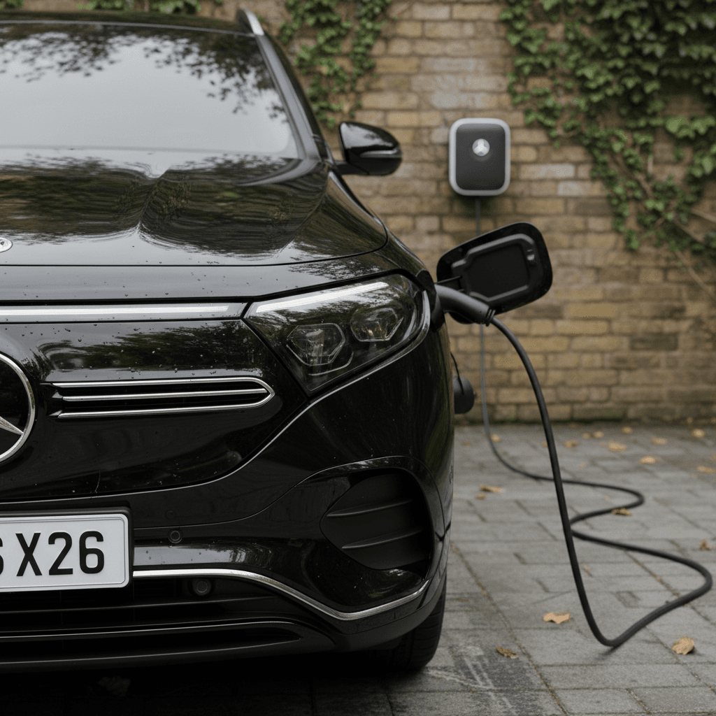 2025 Mercedes EQB charging at a home wallbox, showing compact SUV proportions and charging port