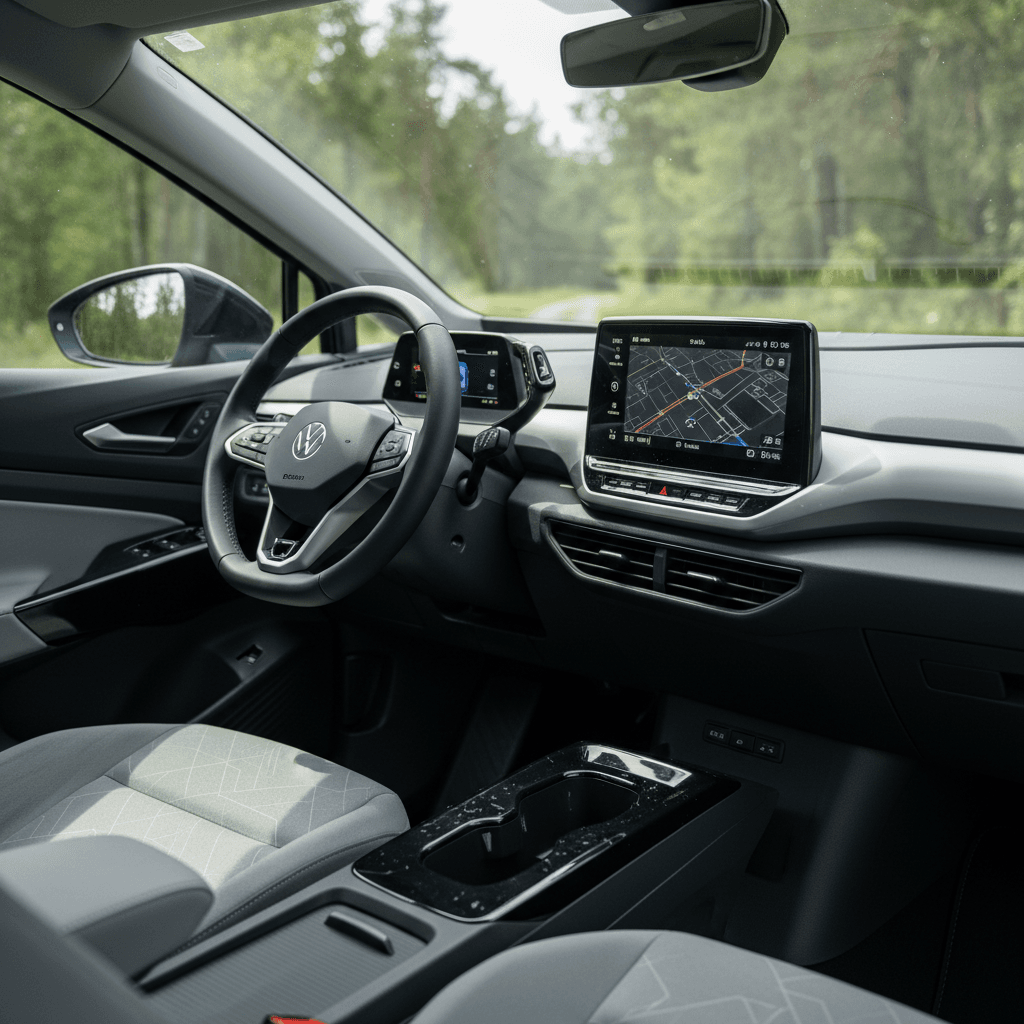 Front seats and dashboard of a 2023 Volkswagen ID.4 highlighting the large central touchscreen and digital cluster