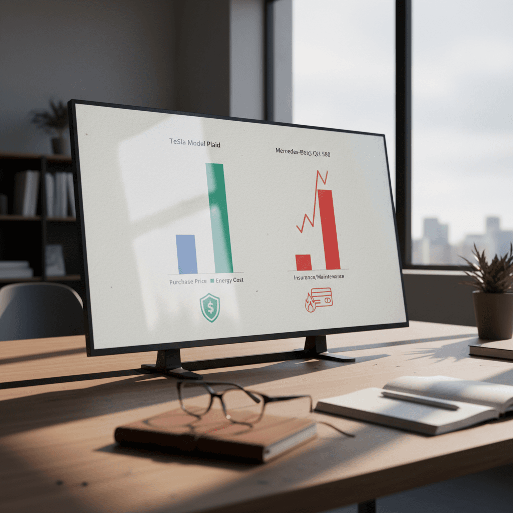 Comparison-style graphic showing several high-end electric vehicles next to insurance cost icons