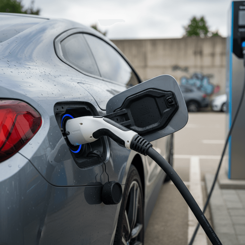 2025 BMW i4 charging at a public fast charger, showing charge port and cable
