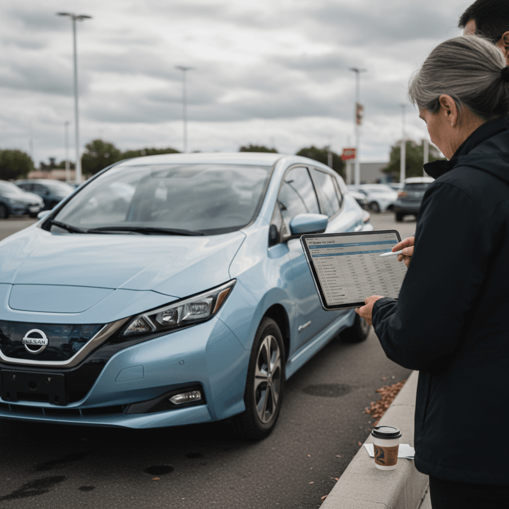 Used Nissan Leaf being appraised for trade-in at a dealership with salesperson and owner reviewing an offer on a tablet