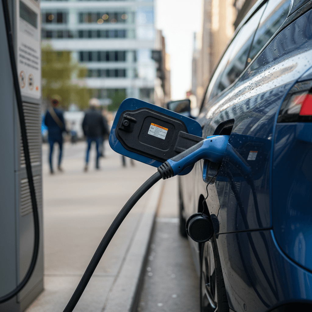 2023 BMW iX plugged into a DC fast charger at a modern urban charging station