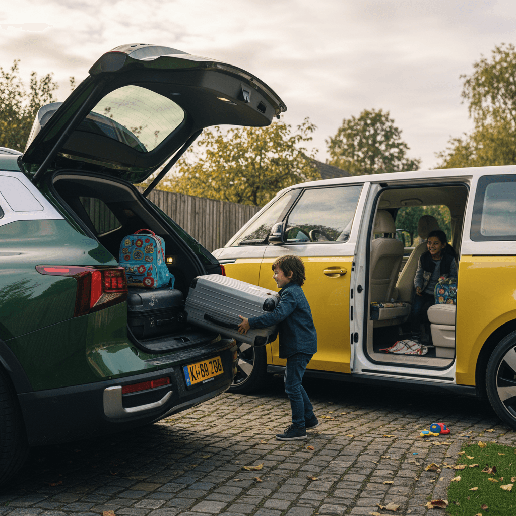 Kia EV9 SUV and VW ID.Buzz electric van parked with tailgates open to show cargo and third-row space