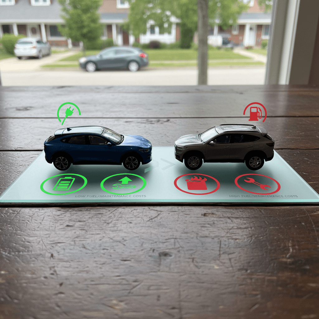 Side-by-side graphic comparing fuel and maintenance costs for a Ford Mustang Mach-E and a similar gasoline SUV