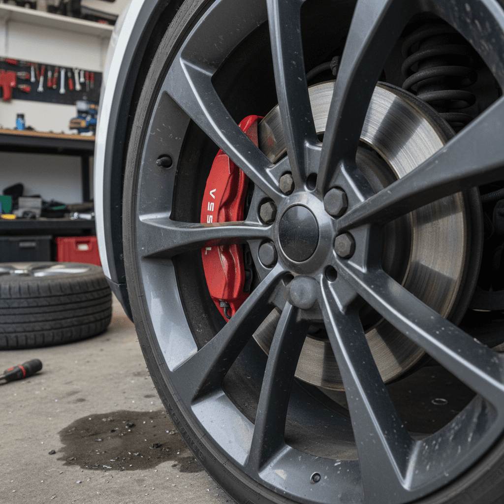 Mechanic inspecting the undercarriage of an electric SUV on a lift