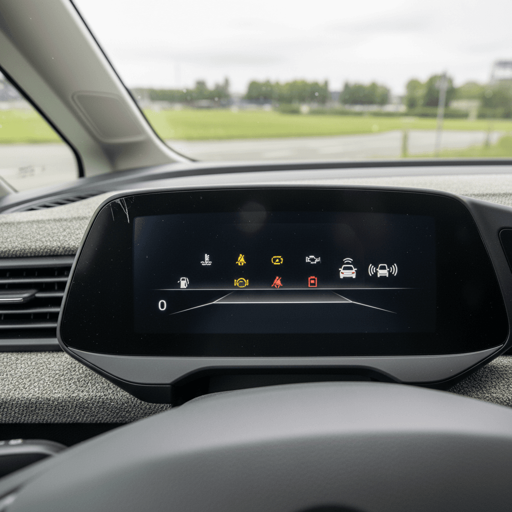 Close-up of a 2025 Volkswagen ID. Buzz digital instrument cluster showing warning lights and driver-assistance icons