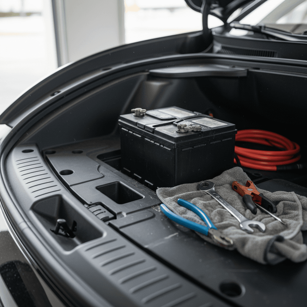 Kia EV6 front compartment showing the 12V accessory battery mounted near the driver side under plastic covers