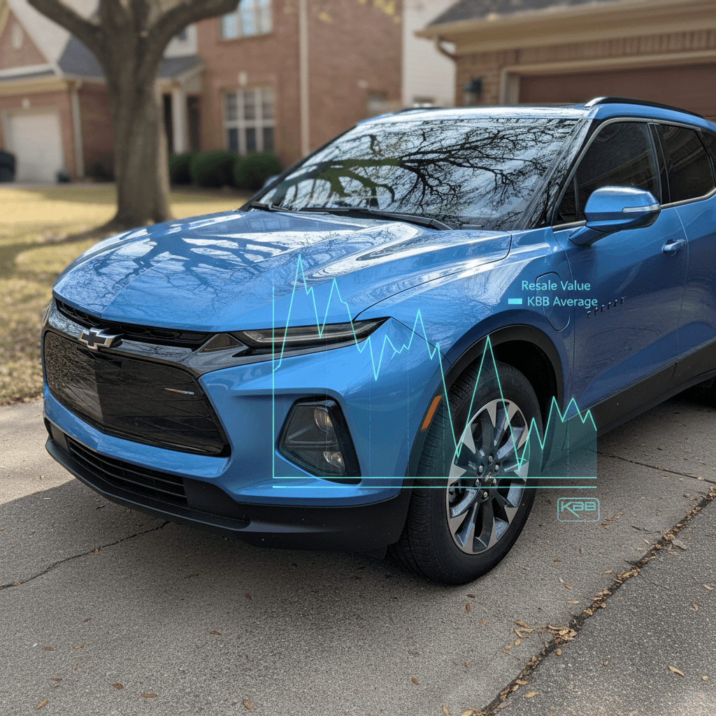 Chevy Blazer EV parked in a driveway with a projected resale value chart in the background