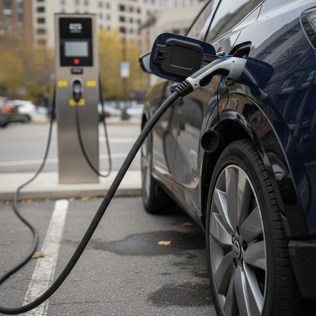 Nissan Ariya plugged into a public DC fast charger in an urban parking lot