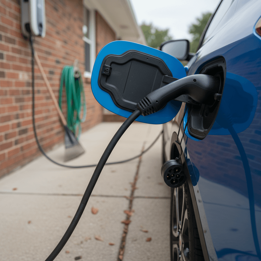 Technician inspecting the high-voltage battery area on a 2022 Chevy Bolt EV in a service bay