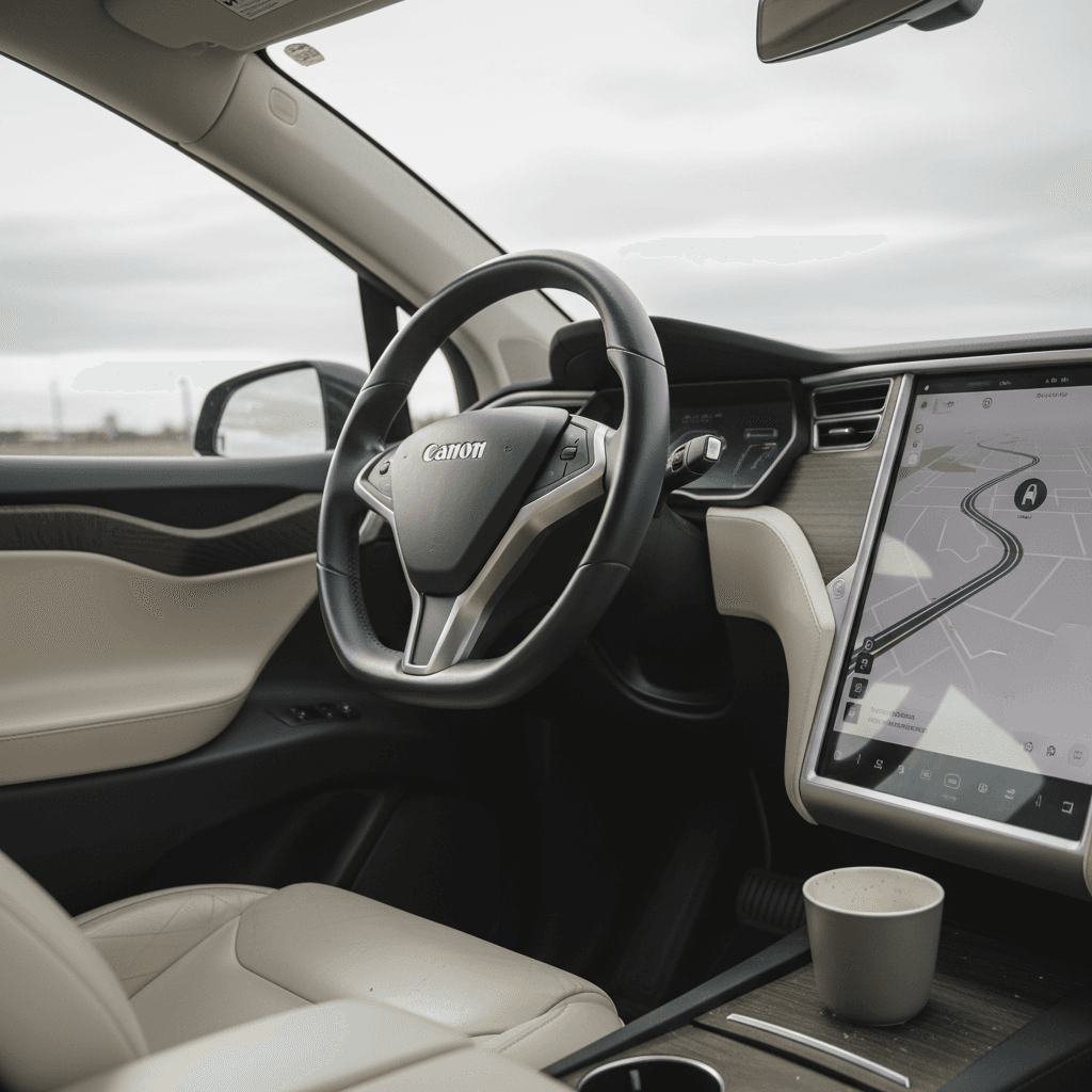 Interior of a 2023 Tesla Model X highlighting the yoke steering wheel and large touchscreen.