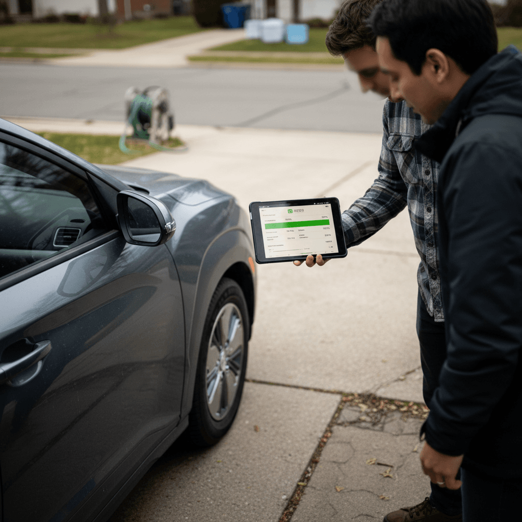 Prospective buyer reviewing a battery health report for a used 2021 Hyundai Kona Electric in a driveway