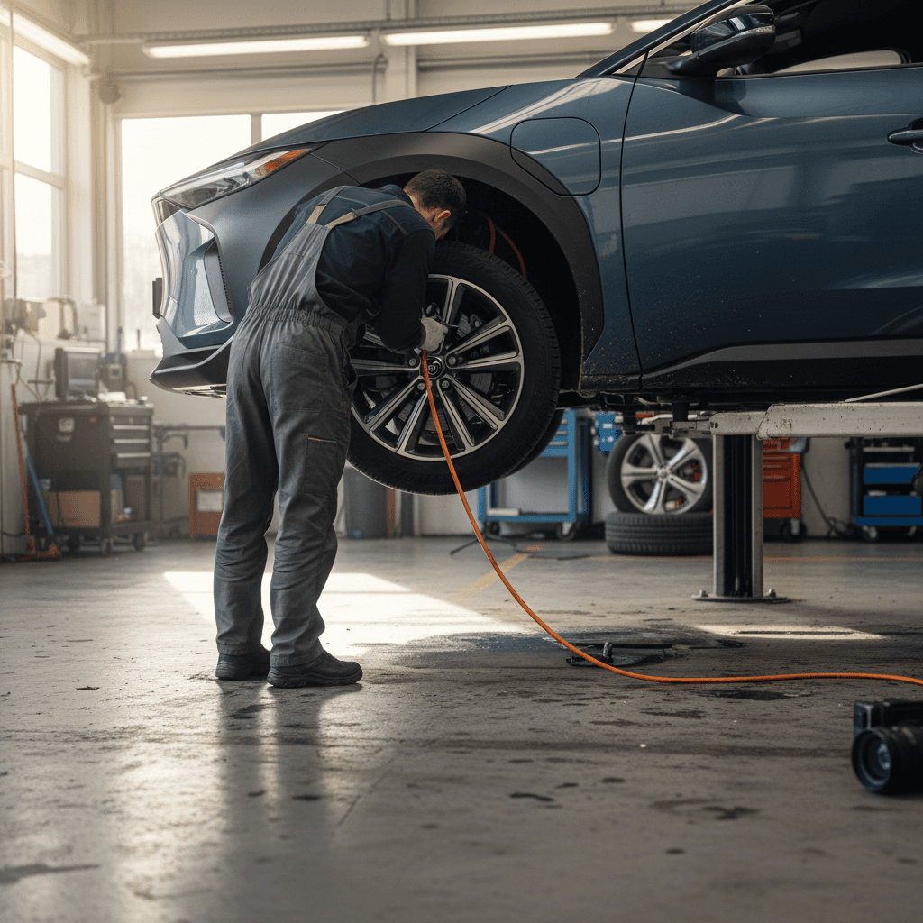 Technician inspecting a 2023 Toyota bZ4X wheel and suspension on a lift during recall service